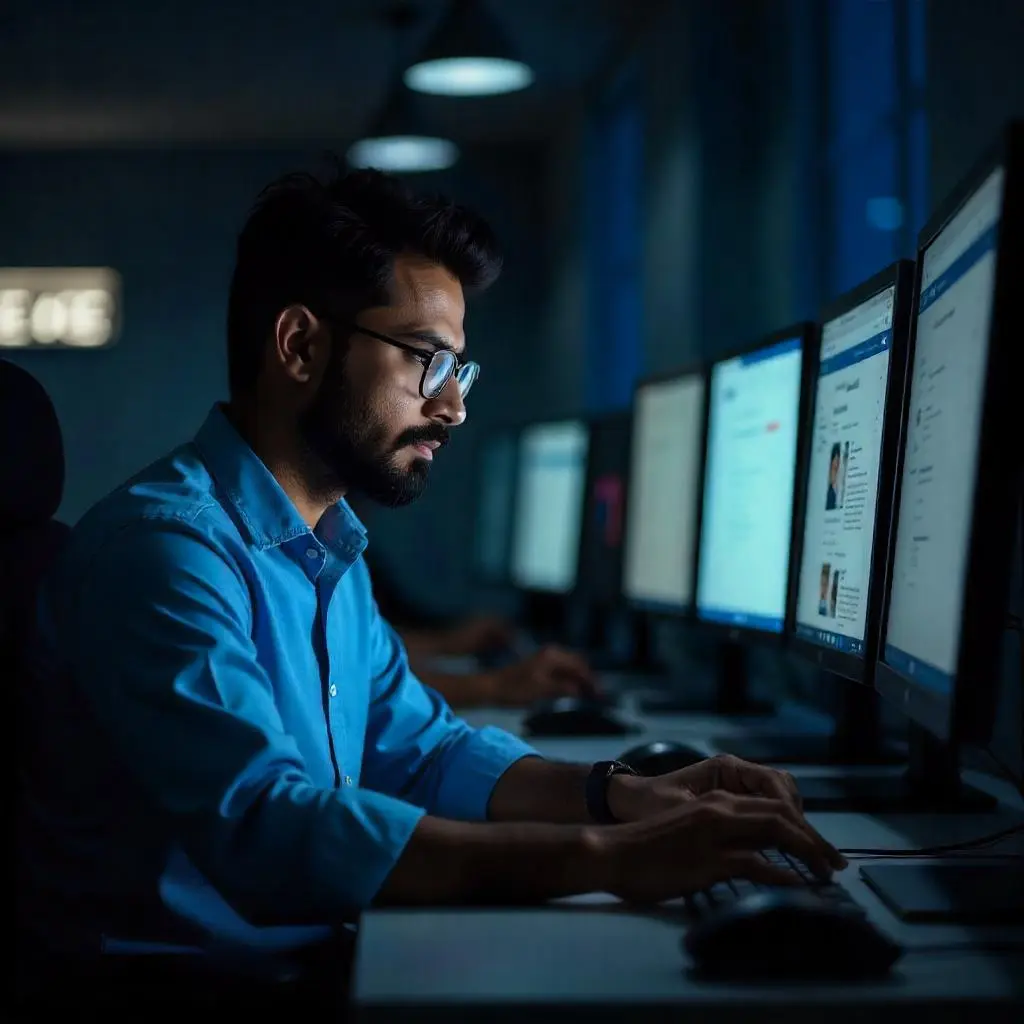 a man is setting facebook boost from a computer in an office