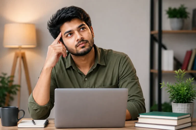 a male thinking on online business idea keeping hand in the head